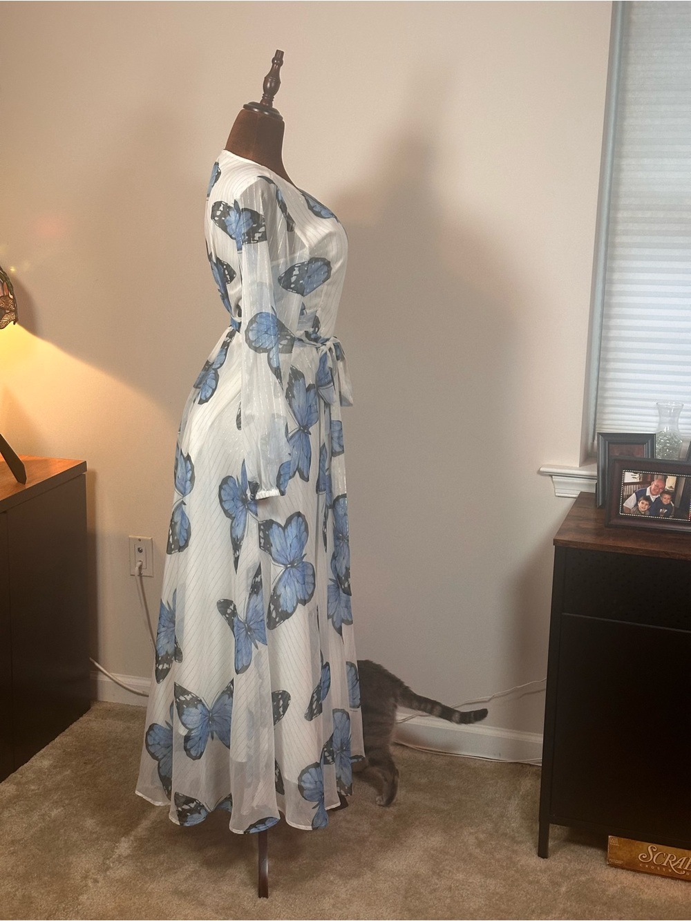Boston Proper White Maxi Wrap Dress with Blue Butterfly Print - Picture 4 of 4